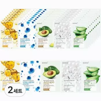 Eunyul Natural Mask Pack Алоэ 10 шт + Коллаген 10 шт + Жемчуг 10 шт + Гиалуроновая кислота 10 шт + Авокадо 10 шт, 50 листов, 2 набора