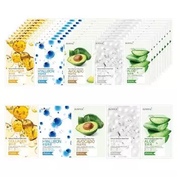 Eunyul Natural Mask Pack Алоэ 10 шт + Коллаген 10 шт + Жемчуг 10 шт + Гиалуроновая кислота 10 шт + Авокадо 10 шт, 50 листов, 1 набор