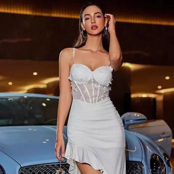 Сексуальное платье в стиле евро-американской моды с лоскутным узором в виде бабочек и оборками по краям, коктейльное длинное платье на тонких бретельках S белый