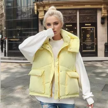 Европа 2024 новый пуховый хлопковый жилет женский короткий пушистый модный жилет в иностранном стиле свободный жилет большой размер пальто M чёрный