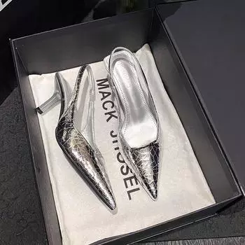 Europe, America 2025 new small heel pointed stone pattern silver light mouth simple bag head rear empty strap spring and summer new 34 серебряный