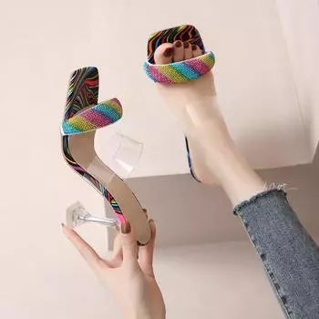 Europe, America 2025 summer new sexy one-word colored rhinestones stiletto cool slippers women s head wine glass and sandals 36 разноцветный