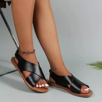 Europe, America 2025 summer solid color round head cross word Velcro fashion women s large size platform sandals 35 чёрный