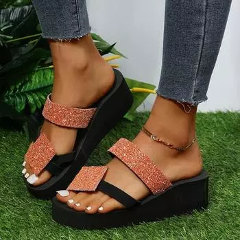 Europe, America and the United States one-word 2025 foreign trade new summer fashion large size sequin women s set toe slope slippers 36 розовый