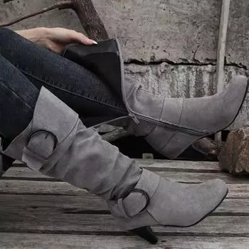 Europe, America, autumn and winter boots, new Europe, America, but knee boots, suede high-heeled foreign trade size 40-42 belt buckle short boots 36 серый