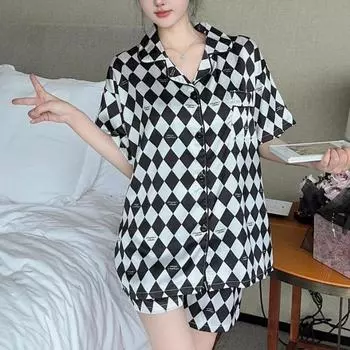 Europe & American Style Retro Literary Women Pajamas Trend Cool Black White Check Print Lounges Summer Fashion Homewear M