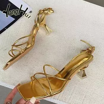 Сексуальные изящные туфли-лодочки на высоком каблуке в европейском и американском стиле, новинка 2024 года, однотонные простые женские сандалии с завязками, лето 35 золотистый