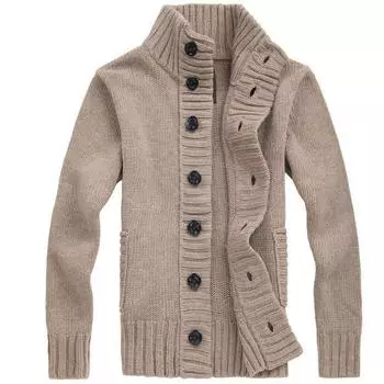 Europe and The United States Men s Autumn and Winter Long Sleeve Solid Color Knitted Cardigan Stand Collar Cardigan Sweater Coat 2XL хаки