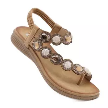 Европейские и американские сандалии в стиле бохо со стразами удобные с круглым носком для отдыха на море большие размеры Плоские туфли 36 чёрный