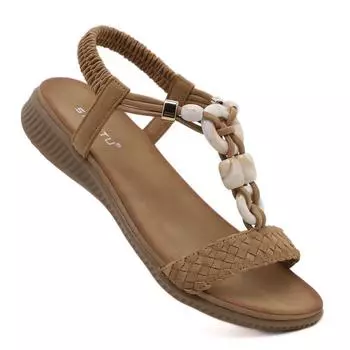 Европейские и американские сандалии женские ретро пряжки плетеные модные повседневные бисерные пляжные сандалии 36 коричневый