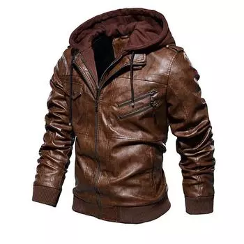 Europe and The United States Single Autumn and Winter Men s Leather Jacket Men PU Leather Hooded Leather Coat Two-piece Set M хаки
