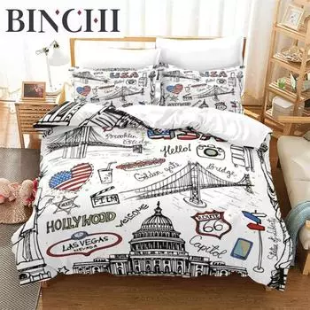 Комплект постельного белья с изображением зданий в Европе и города, 3D-принт, пододеяльник с рисунком, покрывало King для детей, подростков, мальчиков и девочек, декор для спальни 70x133cm 2pcs