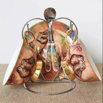 Europe Style Bone China Coffee Cup Saucer Spoon Set Luxury Afternoon Tea Cup 220ml Bird Print Ceramic Mug Cafe Party Drinkware