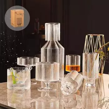 European 1300ml Large Capacity Glass Cold Water Kettle Home Juice Kettle Striped Cool Water Bottle Cool White Water Cup Set 1PCS