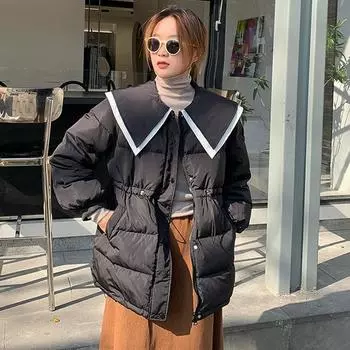 European 2024 new doll collar sweet down jacket women s waist drawstring navy collar medium and long small jacket One size