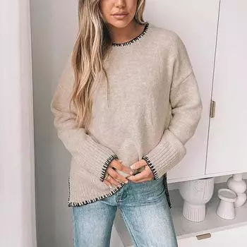 Европейский, американский осенне-зимний свитер с круглым вырезом, контрастного цвета, с коротким передом и длинным сзади, с разрезом, пуловер S легкие хаки