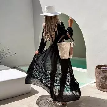 European & American Chiffon Lace Beach Cardigan Cover-Up One Size