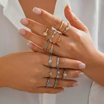 European & American Cold Style Gemstone Inlaid Irregular Metal Ring Set