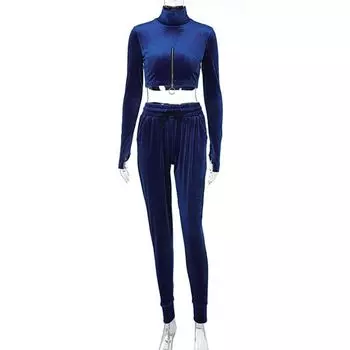 European/American Fashion Casual Set Sweater Pants Blue S