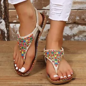 European American Flip Flop Sandals 2024 Summer New Flat Bottomed Beaded Decoration Minimalist Flip Flop Sandals Zapatos Mujer 36 бежевый
