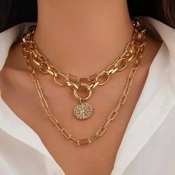 European & American Hip-Hop Style Alloy Cuban Necklace Set: 3-Piece with Disc Spring Buckle Clavicle Chain