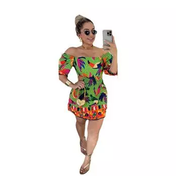 European-American Print One-Shoulder Ruched Dress with Gathered Waist and Lantern Sleeves XXL