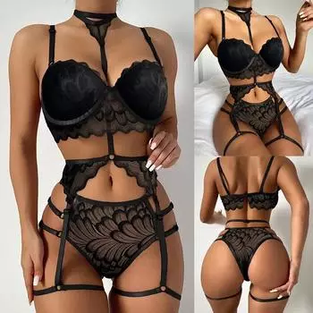 European & American Sexy Lace Garter Belt Halter Neck Lingerie Set Small