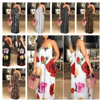 European & American Sexy Printed V-Neck Backless Floor-Length Women s Sundress Large