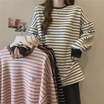 European & American Striped Split Long-Sleeve Women s Velvet Mid-Length Embroidered Shirt - Autumn & Winter Loose Fit