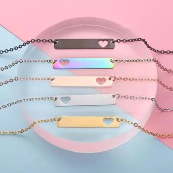 European & American Style Stainless Steel Rectangular Hollow Heart Bar Necklace - 18 Inch 16 inch