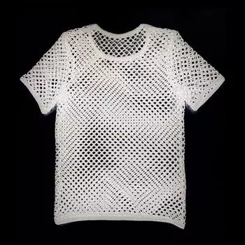 European American Summer New Large Grid Short Sleeve T-shirt High Waist Mesh Fishnet Breathable Crop Top Midriff Outfit round Neck Cover-up White men s short sleeve M