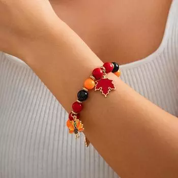 European & American Thanksgiving Maple Leaf Pendant Bracelet with Pumpkin Beads & Personalized Letter Charm.