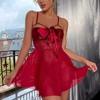 European & American Women s Sexy Lingerie: Big Bow Open Chest Suspender Skirt with Slim Straps - Cute Pajamas