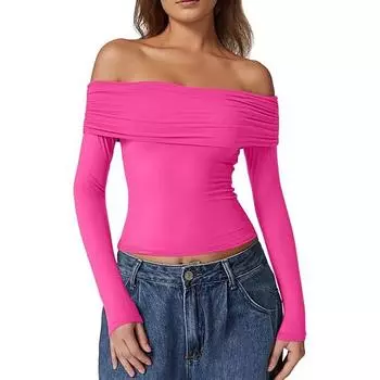 European & American Women s Strapless Double-Layer Long-Sleeve Pullover Top - 2024 Trendy Off-Shoulder Style XL