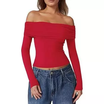 European & American Women s Strapless Double-Layer Long-Sleeve Pullover Top - 2024 Trendy Off-Shoulder Style L