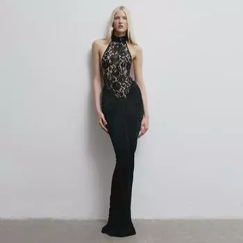 European and American Black Lace Hollow Backless Sleeveless Dress - Breathable, Slim, Sexy XS чёрный