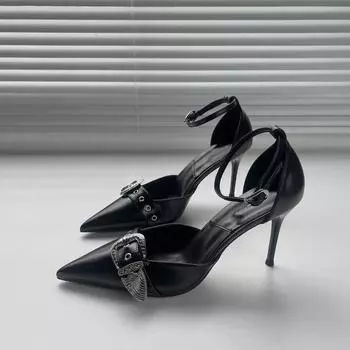 European and American black pointed high heels medium heel spring and summer thin heel niche single shoes women s metal buckle decoration one-word buc 35 чёрный