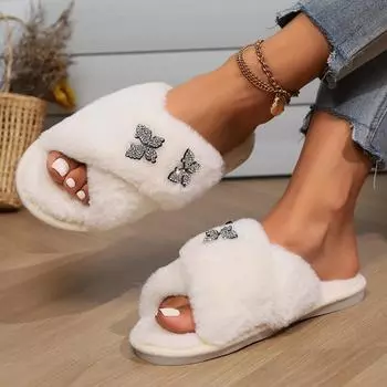 European and American casual slippers 2024 new autumn and winter flat bottom round head light foreign trade word fluffy slippers women 36 чёрный