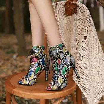 European and American catwalk cross-strap fish mouth cool boots snake skin pattern fish mouth women s sandals front lace-up leopard print large size 35