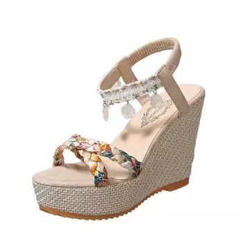 European and American chain fringed beach sandals high heels 2025 summer new elastic wedge sandals women s 35