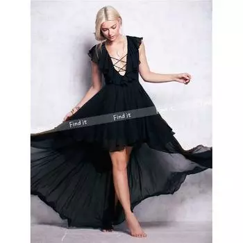 European and American Chiffon High and Low Irregular Vacation Little Dress Black M
