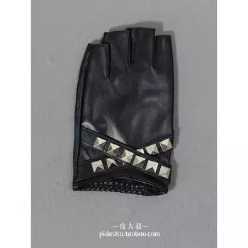 European and American Cyberpunk Rivet Half Finger Leather Gloves Gyaru Functional JK Open Finger Army Lo Kuge Special Couple Black/Left hand single One size