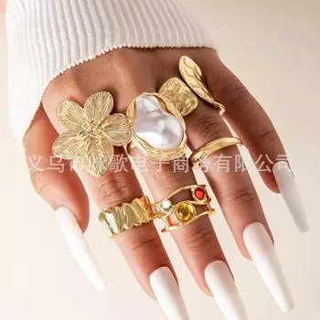 European and American design liquid lava flower opening ring ins baroque imitation pearl set gemstone ring