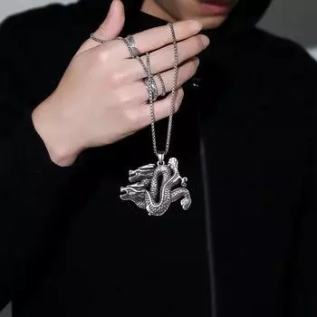 European and American Double Dragon Divine Dragon Pendant Necklace Punk Retro Trendy Pendant ,A Gift for My Boyfriend 4*3.4cm