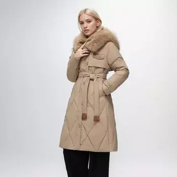 European and American Down Cotton Clothes Women s Medium and Long Large Fur Collar Waist Slim-fitting Winter Coat M