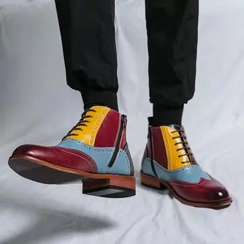 European and American fashion business high-top Oxford leather shoes men s British color splicing lace-up short boots personalized leather boots 38 разноцветный