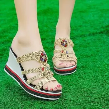 European and American fashion fish mouth slope heel cool slippers women s summer new beaded rear empty high heel sandals hollow fish mouth slippers 35 бежевый