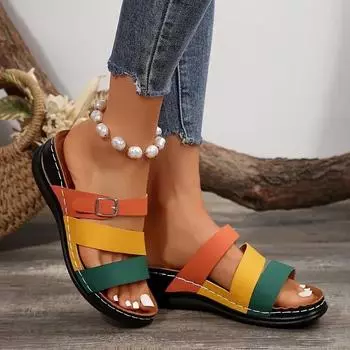 European and American fashion outer wear color matching cool slippers 2025 summer new open-toed pedal beach cool slippers women 36 оранжевый