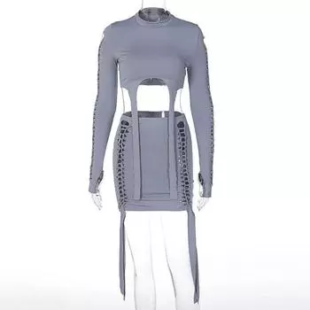 European and American Fashion round Neck Hollow Slim-Fit Hip T-shirt Gray S