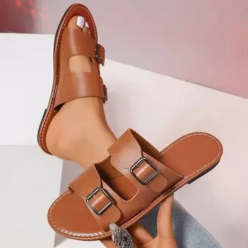 European and American fashion solid color belt buckle cool slippers 2024 autumn new lazy one-pedal one-word cool slippers 36 чёрный